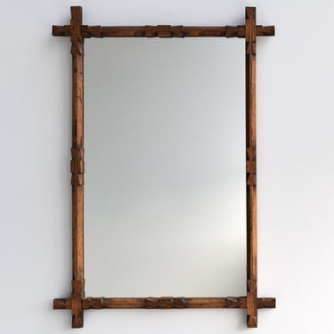 Antique Geometric Carved Oak Frame + Mirror, Circa Early 20th Century