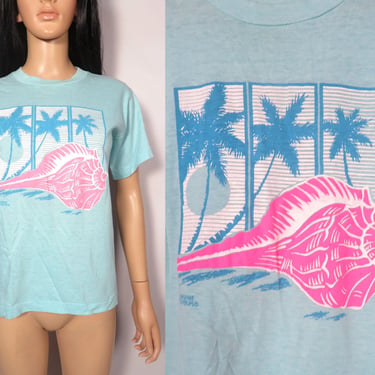 Vintage 80s Conch Shell Palm Tree Graphic Tee Made In USA Size S 