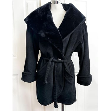 100% WOOL Black Big Shawl Collar Hood COAT 1980s Vintage by LOROVI Womens Winter Coat Jacket Belted Wrap Mint Condition Fur Trim Oversized 