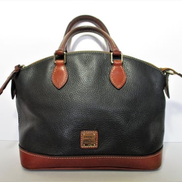 Vintage Dooney & Bourke Satchel Purse, Top Handle Handbag, Black Pebble Grain Leather, Brown Leather Trim 