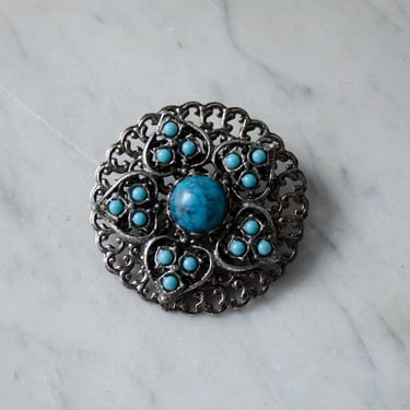 large round brooch | faux turquoise brooch | round silver brooch 