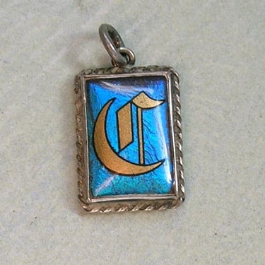 Antique English Sterling Silver Morpho Butterfly Wing Pendant With Initial C; English 1920's Sterling Butterfly Pendant (#4275) 