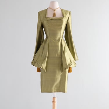 Stunning 1990's Chartreuse Silk Cocktail Dress By Designer Martine Sitbon / M