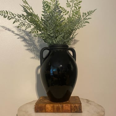 Large Black gloss and matte handled vase, rustic pottery plant holder, sleek shelf decor, minimalist art pottery vase, modern shelf decor 