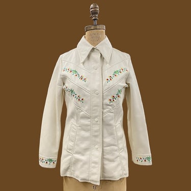 Vintage Western Jacket 1970s Retro Size 12 Sidney Haber + White Vinyl + Embroidered Flowers + Button Front + L/S + Womens Blouse + Fashion 