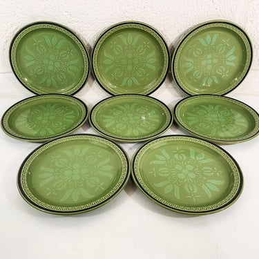 Vintage Set of 8 Small Plates Stonecraft Seminole Avocado Olive Green Floral Japan Dessert Salad Side Mid Century Atomic MCM Mad Men 1970s 