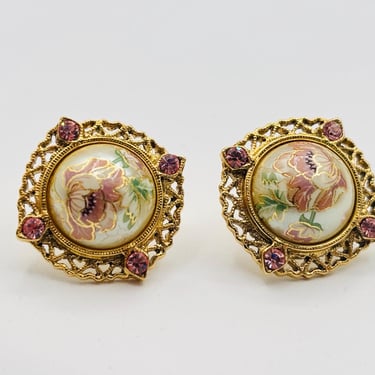 1928 Iridescent Rose Round Cameo Lucite Vintage Earrings Gold Tone with Pink Stones by LeChalet