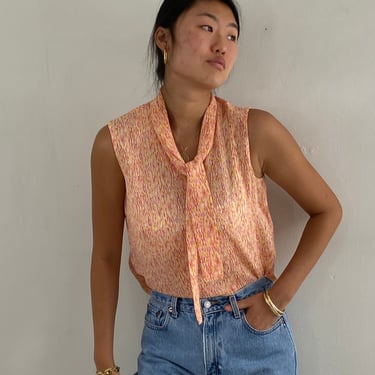 90s sheer silk blouse / vintage sheer orange + pink silk print ascot pussy bow sleeveless blouse top | Medium 