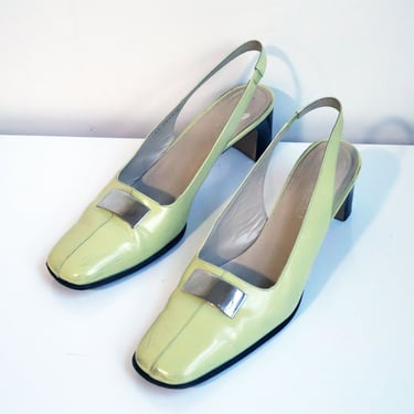 Vintage GUCCI by Tom Ford Yellow Patent Leather Slingback Pumps with Silver Logo Plaque sz 9.5 GG Logo Square Toe Mule Y2K 