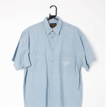 Pale blue Wrangler denim shirt, short sleeve mens Summer shirt, double denim vintage - Large / XL 