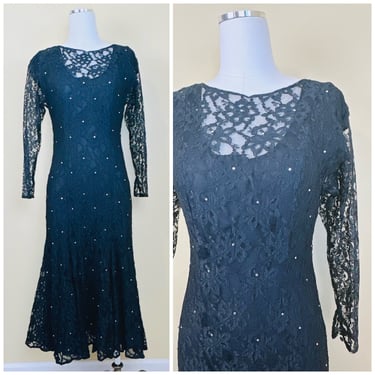 1980s Halston III Rayon Lace Flounce Skirt Dress / 80s Black Rhinestone Fishtail Party Dress / Medium 