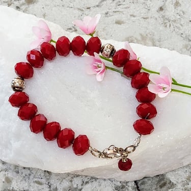 Artisan Beaded Bracelet~Sterling & Red Crystal~Gifts for Her 