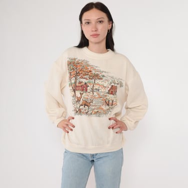 Vintage Country Farm Sweatshirt 90s Fall Deer Sweatshirt Sunflower Graphic Animal Print Jumper Slouchy 1990s Sweater Cream Large L 