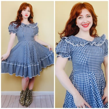 1980s Vintage Malco Modes / Partners Please Gingham Dress / 80s Ruffled Fit and Flare Western Square Dance Dress / Medium 