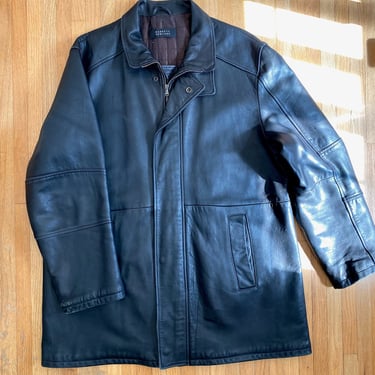 Vintage Barneys New York black leather simple minimal mid length jacket // XL (2466) 