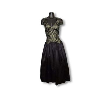 80s Vintage GUNNE SAX Dress Jessica McClintock, Fit & Flare Sleeveless Black Gold Jacquard, New Years Eve Prom Party Formal Vintage Clothing 