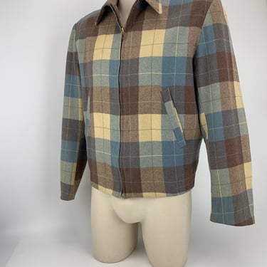 1940's Shadow Plaid Zip Jacket - Powder Blue & Brown Wool Plaid - MERRILL WOOLENS - Satin Lined -  Men's Size MEDIUM 