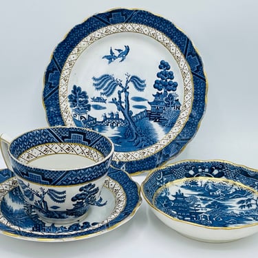 Vintage Booths Real Old Willow Numbered Teacup and Saucer and (1) Bread Plate and shallow fruit bowl Gold Trim Blue Willow 