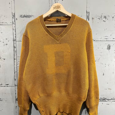 40s Nelson Knitting mills co Varsity V neck Sweater Yellow D patch knit preppy costume 1940s 1950s 