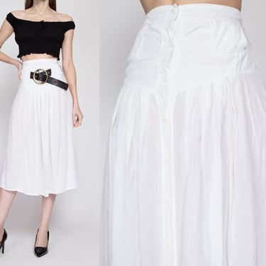 Small 80s White Basque Waist Midi Skirt 26" | Boho Button Up Pleated Fit Flare Full Yoke Skirt 