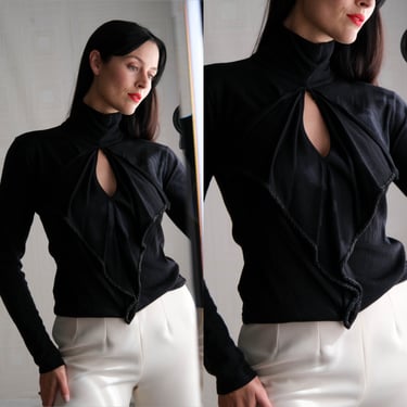 Vintage VALENTINO Black Silk & Cashmere Mock Collar Peek-A-Boo Blouse w/ Bugle Bead Ruffled Drape | Made in Italy | Y2K Designer Sweater Top 
