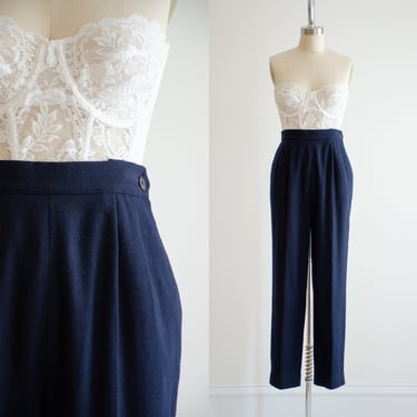 high waisted pants | 90s vintage navy blue wool dark academia pleated trousers 