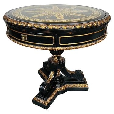 Empire Style Black Lacquer Eglomise Glass Top Round Foyer Or Center Table 