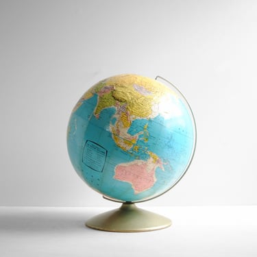 Vintage World Globe, Rand McNally 12" Relief Globe on Gold Metal Stand, 1960s World Globe 