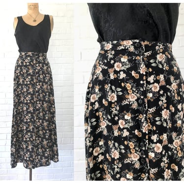 90's Black + Golden Floral Midi Skirt 