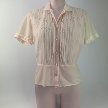 1950'S NYLON Blouse - Sheer See-Through Nylon Fabric - Ribbed Details with Pearls - Pearl Buttons  - Size Medium 