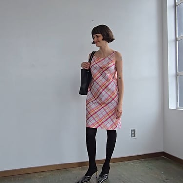 Pink and Orange Silk Plaid Stripe Dress