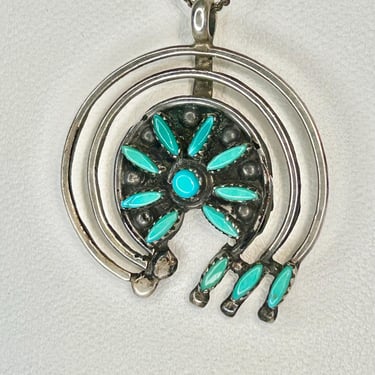 Zuni Pendant Necklace Sterling Silver Turquoise Needlepoint Eleanor Weeka Vtg 