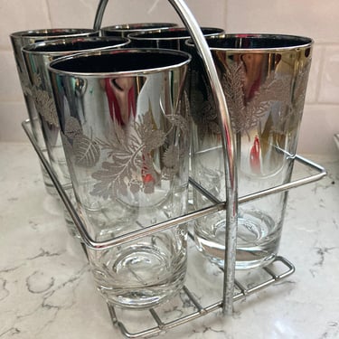 Set of 6 Mid Century Barware, Dorothy Thorpe 6 Highball Glasses and Caddy, Ombre Silver Fade Fused Glass with leaf Design by LeChalet