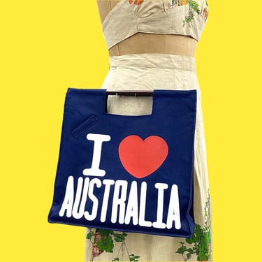 Vintage I Heart Australia Bag Retro 1970s Eclectic + Wood Top Handles + Blue/White/Red + Canvas + Knitting Bag or Love Tote + Womens Purse 