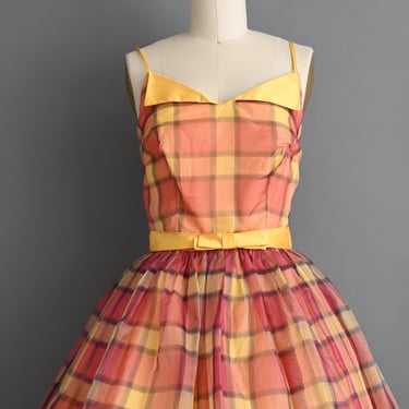 Vintage 1950s Dress | Cupcake Plaid Print Full Skirt Chiffon Party Dress | XS Small 