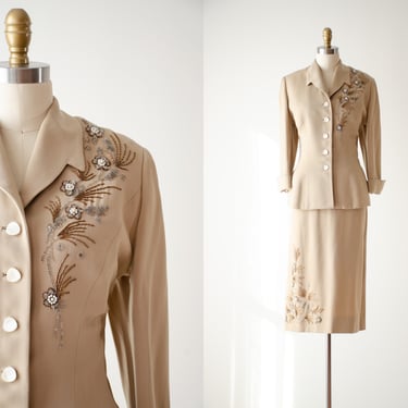 beige wool suit | 40s 50s vintage Forstmann tan wool beaded embroidered peplum nipped waist retro skirt suit 