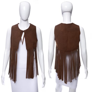 1970's Brown Genuine Leather Suede Cropped Fringe Vest Size M