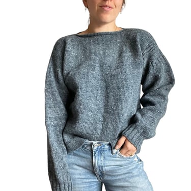 Vintage Womens Slate Blue 100% Wool Chunky Hand Knit Retro Sweater Sz L 