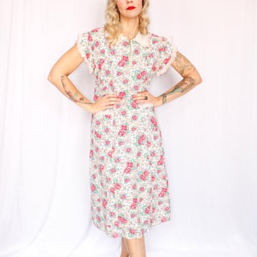 1930s Floral Cotton Day Dress - Large 