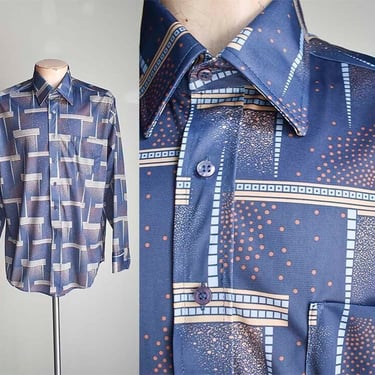 Vintage 1970s Button Down Shirt / Vintage Disco Shirt / Blue Abstract 70s Shirt / 1970s Menswear Shirt / Vintage Button Down Large 