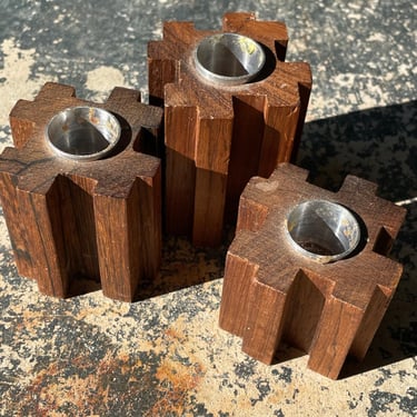 Vintage Danish Rosewood Candle Holders Puzzle Pieces Mid-Century 