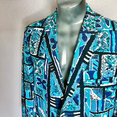 Mod Blazer, Tiki Smoking Jacket, Cotton, Blue Black Pattern, Vintage 60s 70s, Size 42R 
