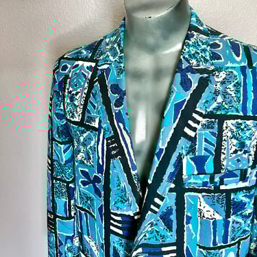 Mod Blazer, Tiki Smoking Jacket, Cotton, Blue Black Pattern, Vintage 60s 70s, Size 42R 