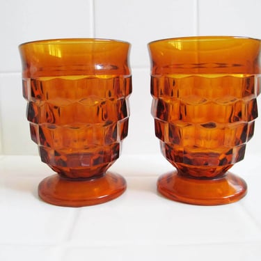 Vintage Whitehall Cube Dark Amber Yellow Juice Glass Tumblers set of 2 