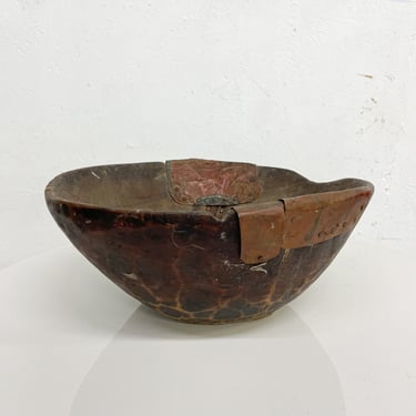 Handmade Sculptural Rustic Antique Wood Bowl with Decorative Copper 