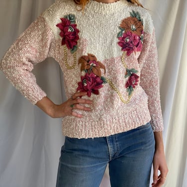 Vintage Bead Sweater / Pearly Beaded 80’s Appliqué Popcorn Knit Sweater / Knubby Sweater / Slouchy Sweater / Nubby Sweater 