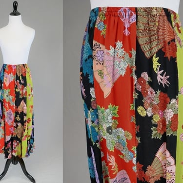 90s Fan Print Skirt - Black w/ Many Colors - Flowy Rayon - Sterling Styles - Vintage 1990s - S M L 