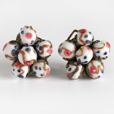 Vintage White Wedding Cake Glass Bead Cluster Earrings Made in Italy - Clip On Clipback Italian Murano Milk Glass Earrings 