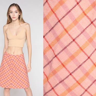 60s Wool Skirt Pink Checkered Mini Skirt Mod High Waisted Preppy A Line Retro Professional Secretary Sixties Plaid Vintage 1960s Small S 