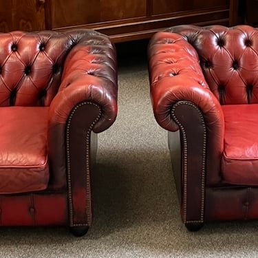 Item #DA3&#038;4 Pair of Vintage Oxblood Red Leather Chesterfield Two Seat Sofas